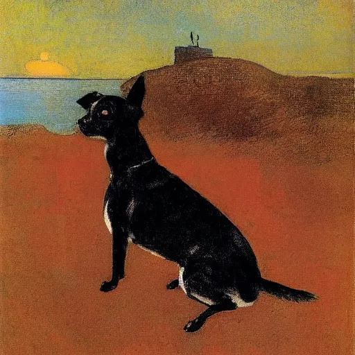 Image similar to a woman and her black and brown chihuahua looking out to sea by odilon redon