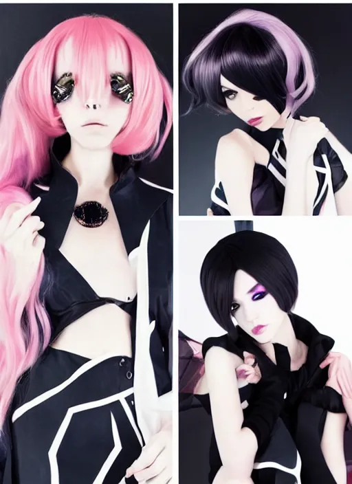 Image similar to dior anime cosplay, runaway photography, holographic undertones, professional hairstyle, high detail