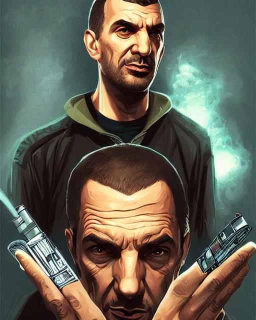 Prompt: Niko Bellic smoking weed, digital art by Ross Tran and Dan Mumford, Highly detailed, trending on cgsociety