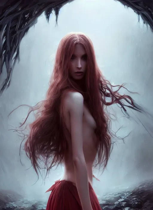 Prompt: witch girl, fine art, awesome, award winning, hyperrealistic symmetrical hyperdetailed dark fantasy landscape, fantasy magic, sensual white skin beauty beauty red long hair windy intricate, elegant, sharp focus, cinematic lighting, highly detailed, digital painting, concept art, art by wlop and artgerm and greg rutkowski, masterpiece, trending on artstation, 8 k