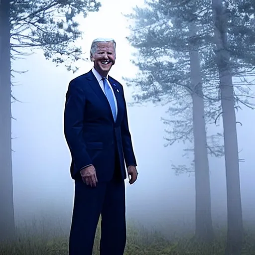 Image similar to joe biden with 4 arms standing ominously far in the foggy woods with a demonic wide smile in his face in the new horror movie, creepy