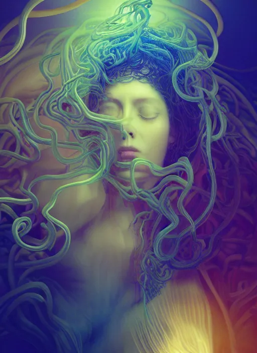 Image similar to subsurface scattering, medusa made of soft wax, cgsociety, translucent, wooden art nouveau swirls, organic fractals, colored smoke, gold cables, electricity, in the style of ruan jia and beeple and giger, mystical colors, back light, rim light, dramatic lighting, 8 k, stunning scene, raytracing, octane render