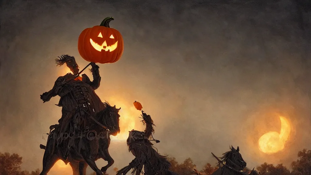 Image similar to a headless!!! colonial rider!!!! holding a jack - o - lantern on lone rampant!!! ( ( black horse ) ) with fiery eyes, background gnarled trees and large supermoon, in the styles of greg rutkowski, keith parkinson, and john quidor, intricate, detailed, volumetric lighting