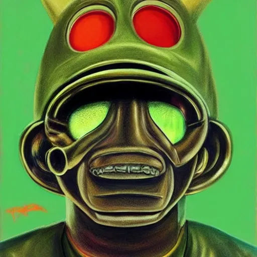 Image similar to beautiful lifelike painting of mf doom as the teletubbies, hyperreal detailed facial features and uv lighting, art by ed roth and basil wolverton