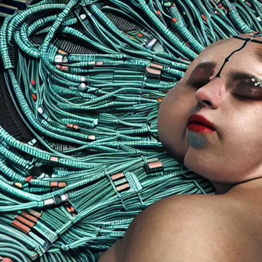 Prompt: tapping in to something greater, piles of modular synth cables, goddess laying down wearing a big headpiece made of circuit boards in a photo shoot for balenziaga, wlop, stanley kubrick, masamune, junji ito, unique perspective, eastman color, perfect details, trending on artstation, 3 d render, smooth render