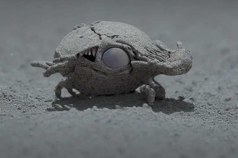 Image similar to vfx movie scene closeup adorable curios tiny little baby alien creature in moon desert eating a rock. by emmanuel lubezki