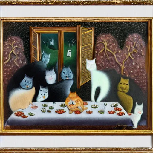 Image similar to by Remedios Varos, a cat family's dinner with fine silver. Lasagna is the main dish. Oil painting, MET collection.