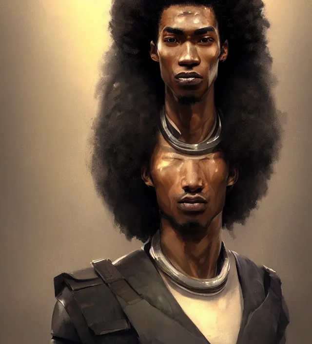 Image similar to portrait of a man by greg rutkowski, he is about 2 5 years old, mixture between afroamerican and japanese, afro hair, geisha tatoos, very tall and slender, he is wearing a futuristic police gear, highly detailed portrait, digital painting, artstation, concept art, smooth, sharp foccus illustration, artstation hq