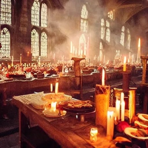 Prompt: feast for hundreds of people. candles, warm ambient light, hogwarts, beautiful, stone walls, hot food, delicious, steaming food on plates, gluttony, digital art, epic. candlelight, firelight, happiness and joy, ghosts flying around, harry potter students, warmth