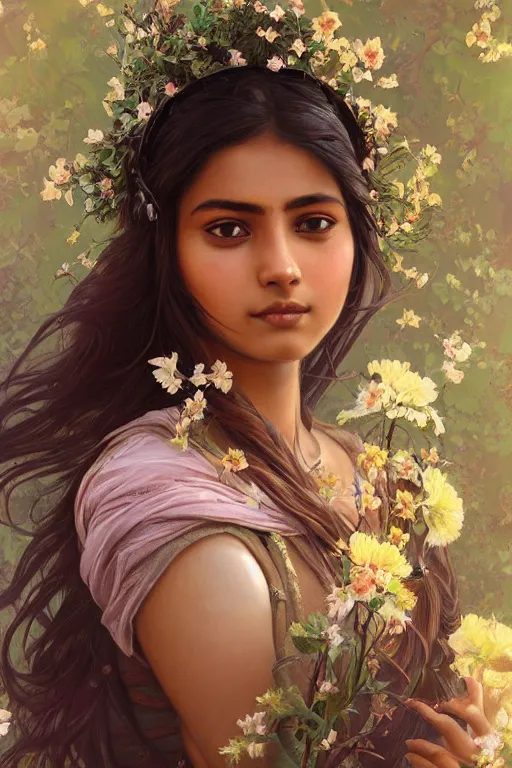 Image similar to ultra realistic illustration, indian girl with flowers blossoming from helmet, elegant, highly detailed, digital painting, concept art, smooth, sharp focus, illustration, art by artgerm and greg rutkowski and alphonse mucha