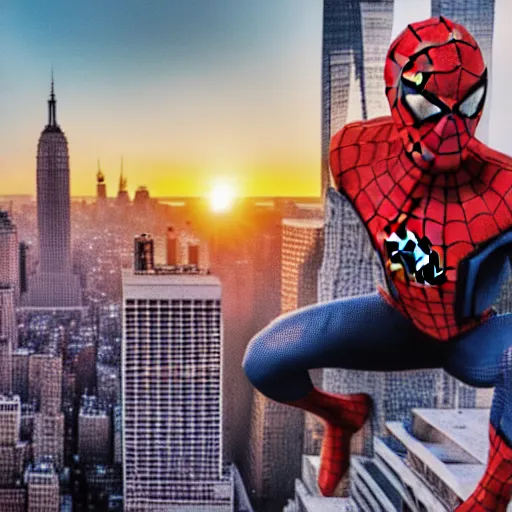 Image similar to spider - man swinging through new york buildings, sunset at golden hour, 4 k.