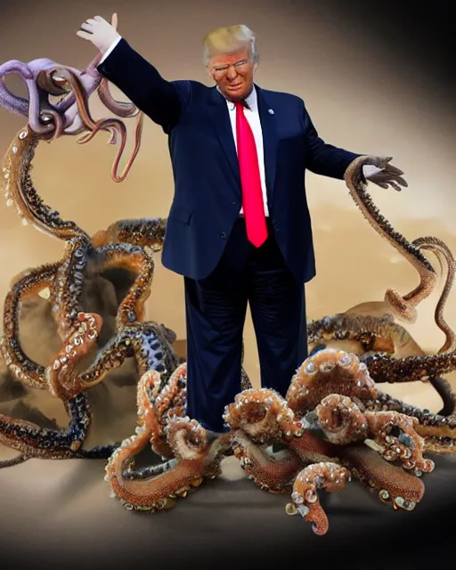 Prompt: Donald Trump with Octopus Tentacles for hands, the tentacles are wet, glistening, and very realistic