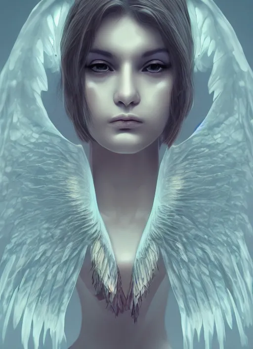 Image similar to Beautiful female angel, digital Art, trending on Artstation, dramatic lighting, face symmetry, intricate wings