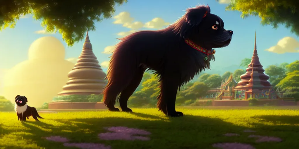 Image similar to a wholesome animation key shot of a black tibetan spaniel, thai temple in the background, studio ghibli, pixar and disney animation, sharp, rendered in unreal engine 5, anime key art by greg rutkowski, bloom, dramatic lighting