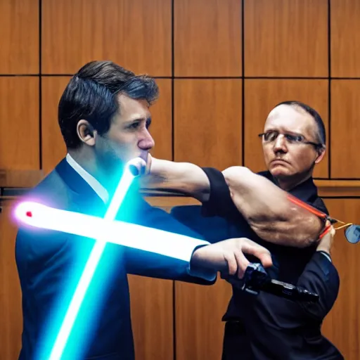 Prompt: a lightsaber battle between two lawyers in a courtroom, photograph, 8k, professional