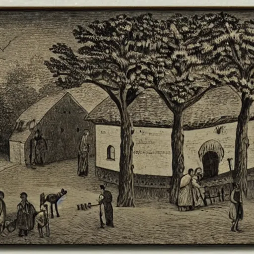 Prompt: 1 9 th century engrave of village life