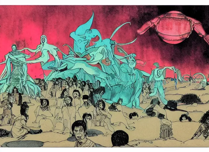 Prompt: a surreal scene from a feature film by wong kar - wai, alejandro jodorowsky and kenneth anger : : magical pagan ritual, retro sci - fi : : a storyboard drawing by moebius, ink and watercolor 8 k