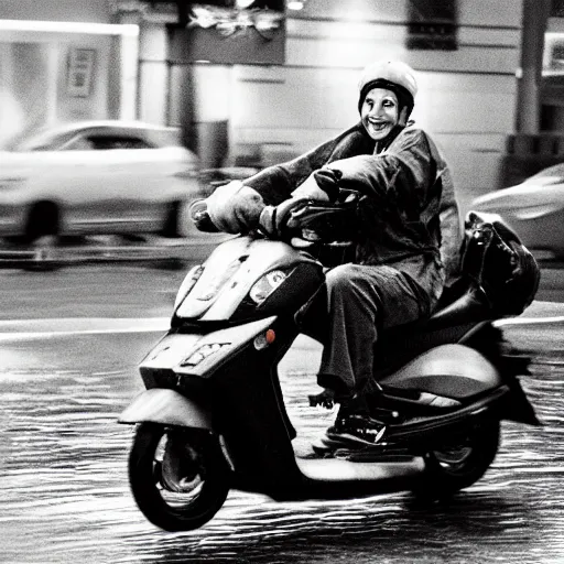 Image similar to Photorealistic photograph of Naruto smiling while driving a moped during a rainy night, 35mm photograph, realistic, heavy detail