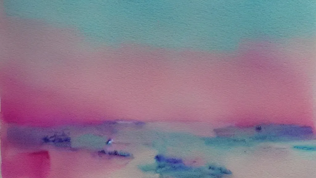 Prompt: watercolor landscape, pink and teal, high key lighting, trending in pinterest