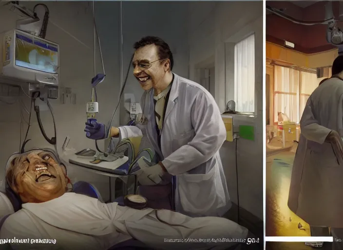 Image similar to a happy patient just cured from schizophrenia by power of cutting edge science in brightly lit modern soviet hospital trending on Artstation