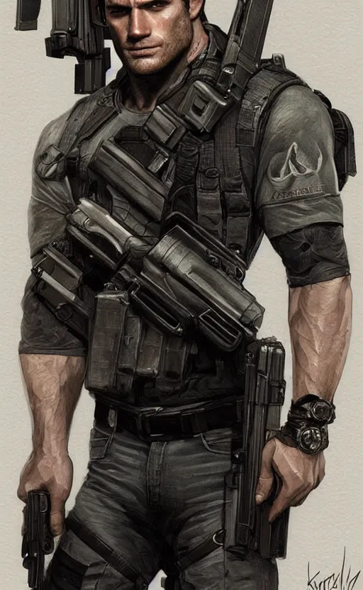 Prompt: portrait of henry cavill as chris redfield, resident evil, pistol, upper body, short sleeve, fantasy, intricate, elegant, highly detailed, digital painting, artstation, concept art, smooth, sharp focus, illustration, art by artgerm and greg rutkowski and alphonse mucha