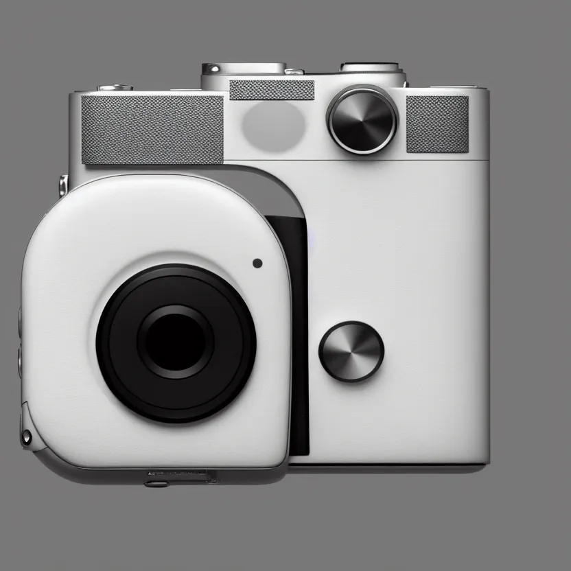 Prompt: photograph of a white medium format camera that looks like an ipod shuffle!!. big shiny lens. apple's design. apple's logo. keep it simple. plain grey background. object centered. highly detailed. shiny lens. artstation, concept art, symmetry, smooth, shallow focus, commercial photography