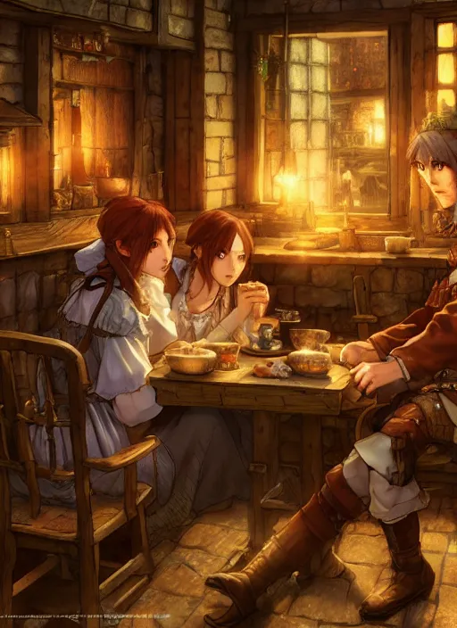 Prompt: the emerald herald sitting in a cozy tavern, hidari, color page, tankoban, 4K, tone mapping, Akihiko Yoshida.