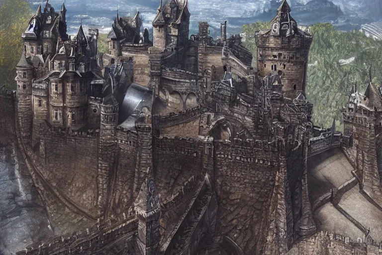 Image similar to A big keep overlooking the castle below it, metal, iron, texture, intricate, details, highly detailed, masterpiece, architecture, building, trending on artstation, focus, sharp focus, concept art, digital painting, fantasy, D&D, tabletop, rpg, roleplay