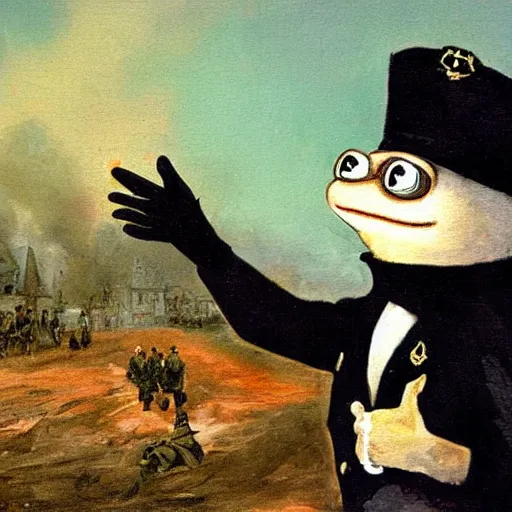 Prompt: pepe the frog saluting prussians soldiers in 1864, expressive oil painting