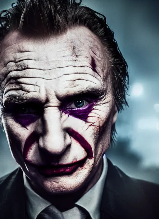 Image similar to Liam Neeson as the Joker, realistic, studio photography, 4k, cinematic lighting, explosion in the background