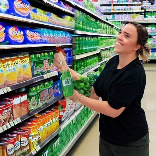 Image similar to alyx doing groceries at the supermarket, picking up a can beans