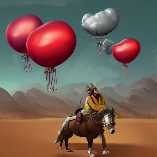 Image similar to digital art of morbidly obese man riding a horse. Three weather balloons are attached to the man. Trending on ArtStation