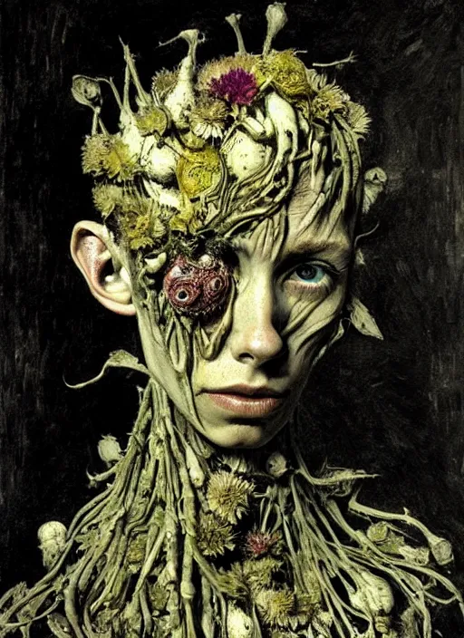 Image similar to beautiful and detailed rotten woman made of plants and many different types of flowers, muscles, intricate, organs, ornate, surreal, john constable, guy denning, dan hillier, manera, van gogh, caravaggio