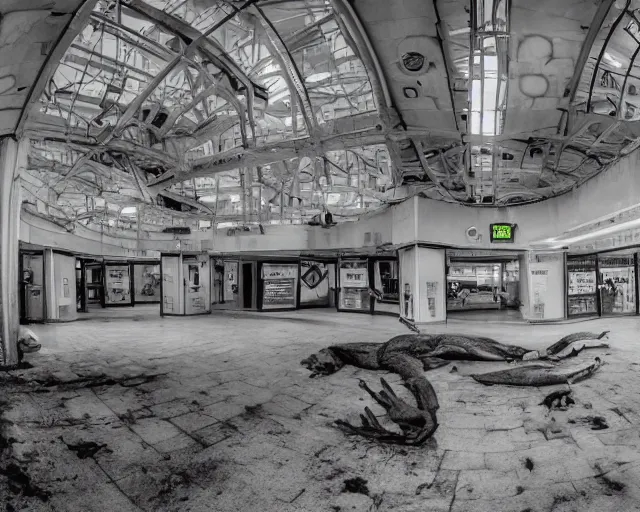 Image similar to camera footage of a giant Android Rat in an abandoned shopping mall, high exposure, dark, monochrome, camera, grainy, CCTV, security camera footage, timestamp, zoomed in, fish-eye lense, Rat,