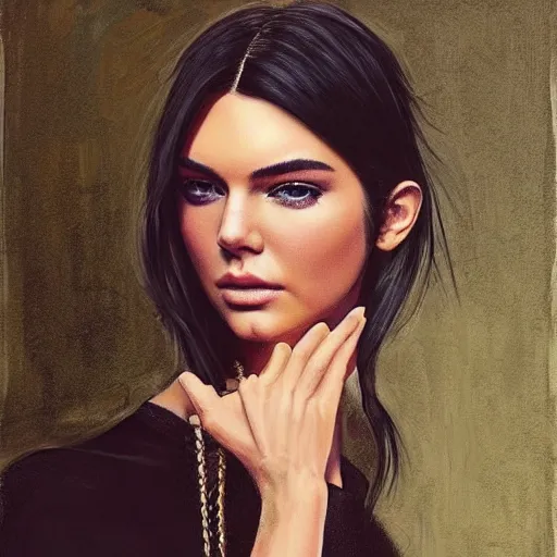 Prompt: fashion model kendall jenner by Alec Monopoly by Richard Schmid by Jeremy Lipking by moebius by atey ghailan