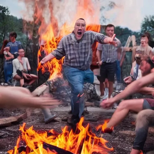 Prompt: Guy farting on a large campfire with horrified people around him.