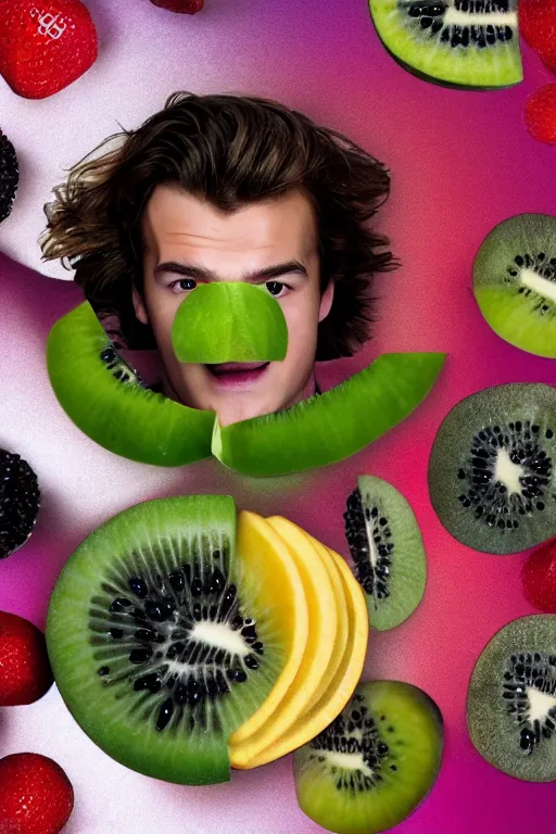 Prompt: 📷 joe keery is kiwi fruit 🥝, made of food, head portrait, dynamic lighting, 4 k