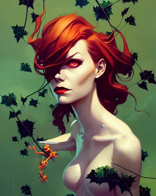 Image similar to peter mohrbacher, phil noto comicbook cover art, artgerm, emma stone poison ivy, vines, symmetrical eyes, full body, city rooftop
