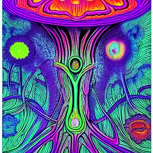 Prompt: Terence McKenna reincarnated as a magic mushroom. in style of Alex Grey, detailed, blacklight poster