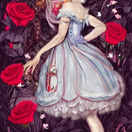 Image similar to Alice in Wonderland at the tea party, she looks like a mix of grimes, Aurora Aksnes and Zendaya, childlike, billowing elaborate hair and dress, strings of pearls, surrounded by red and white roses, digital illustration, inspired by a stylistic blend of Aeon Flux, Japanese shoujo manga, and John singer Sargent paintings, hyper detailed, dreamlike, incredibly ethereal, super photorealistic, iridescent, dichroic prism, speckled, marbling effect, tulle and lace, extremely fine inking lines