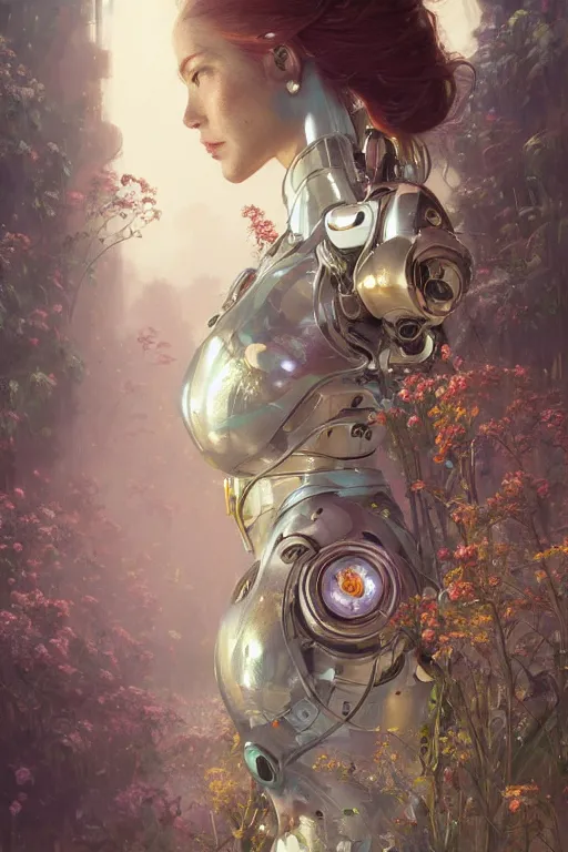 Image similar to ultra realistic, robot broken woman lying flower garden, cyberpunk, sci - fi, fantasy, intricate, elegant, highly detailed, digital painting, artstation, concept art, smooth, sharp focus, illustration, art by artgerm and greg rutkowski and alphonse mucha