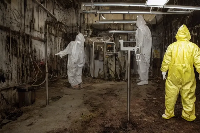 Prompt: drippy meat monster grows out of control in a creepy underground lab, man in a hazmat suit looks on helplessly