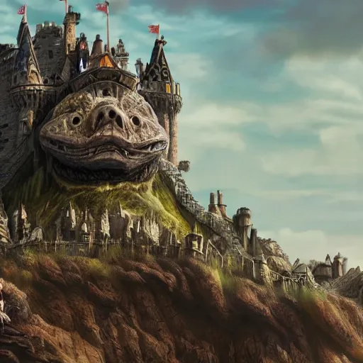 Image similar to large fantasy castle rising from the top of a giant tortoise, towering over a harsh barren sandy wasteland, distant shot angled slightly up, fantasy, hyper detailed, 4 k, howls moving castle, mortal engines, kaiju,