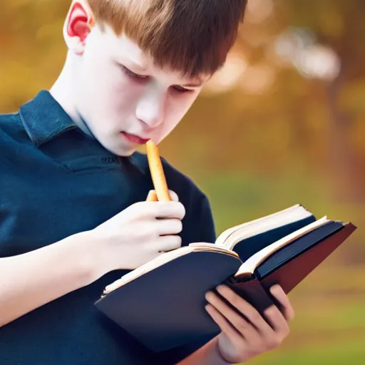 Image similar to dramatic scene of a young student smoking and reading books, very detailed face