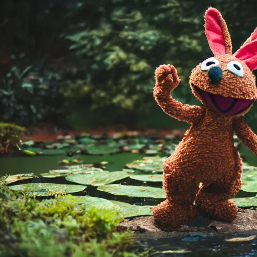 Prompt: a chocolate brown karate loving muppet bunny wearing cool ninja clothes and practicing her karate out in nature by a pond, photorealistic, photography, ambient occlusion, rtx, national geographic, sesame street