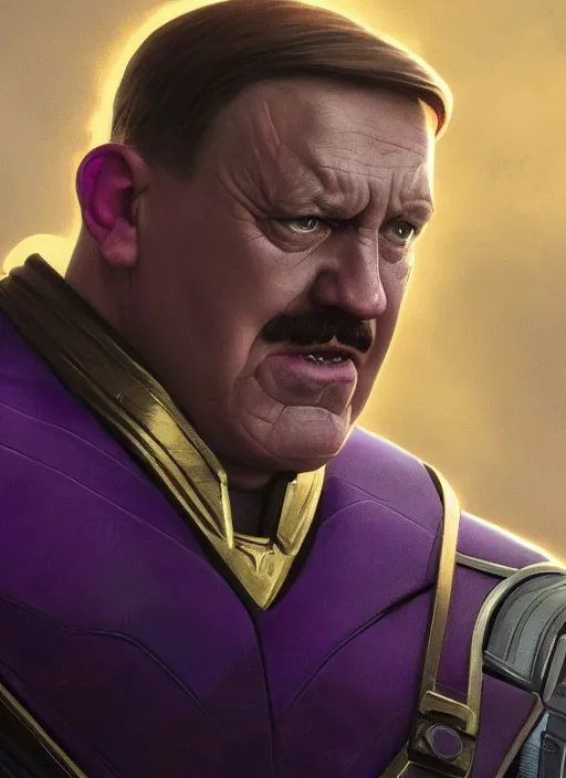 Prompt: a still of Hitler as Thanos in Avengers Endgame, purple Hitler face realistic, infinity gauntlet snap, sigma male, accurately portrayed, portrait art by alphonse mucha and greg rutkowski, highly detailed, digital painting, concept art, illustration, dim lighting with twilight rays of sunlight, trending on artstation, very detailed, smooth, sharp focus, octane render, close up