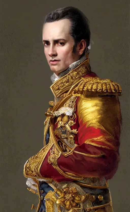Prompt: Portrait of a 18th century King wearing royal attire, male, detailed face, napoleonic, highly detailed, cinematic lighting, digital art painting by greg rutkowski