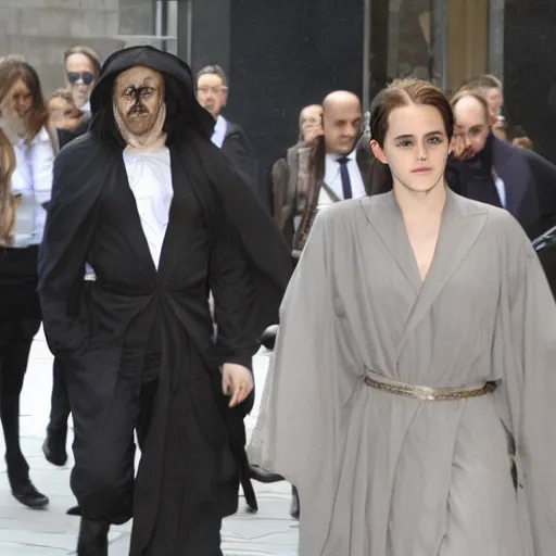 Image similar to Emma Watson as minister of magic, wizard robes, being escorted from office by mysterious man with his face in shadows, bystanders standing behind pillars watching in silence, magic wands at the ready,