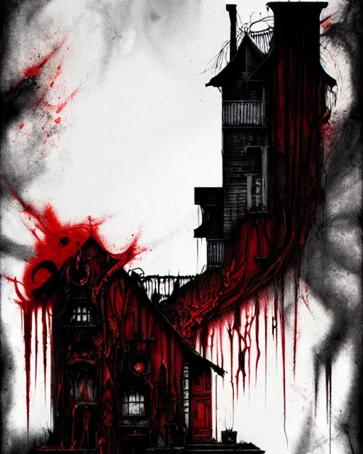 Prompt: disturbing grunge image of a demon infested house. horror colored ink art, by greg tocchini, by tom bagshaw, white red, black, crimson and grey gradient color scheme