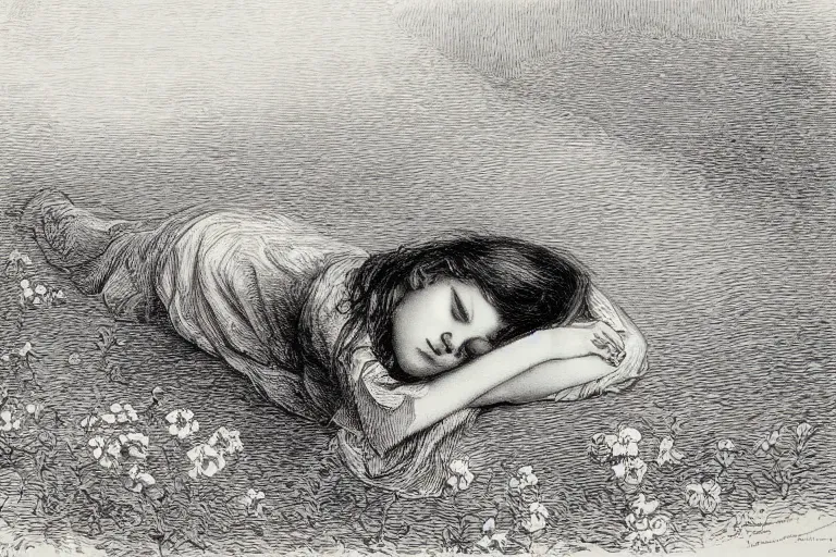 Image similar to black and white, young french woman sleeping in the flower field, top view, Gustave Dore lithography